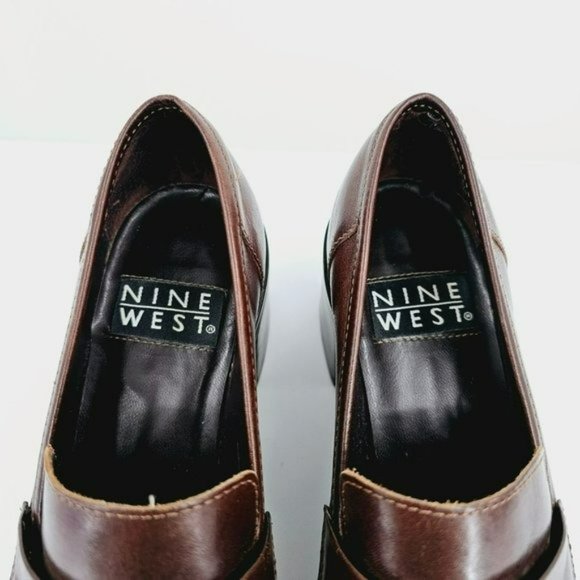 Nine West Franke2 90s Chunky Penny Loafers 6.5 M Chocolate Brown Leather Stacked - Picture 3 of 13
